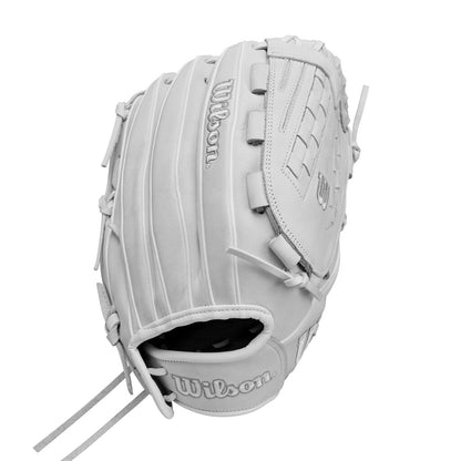 White fastpitch softball glove open back with Wilson logo patch and lace-up wrist