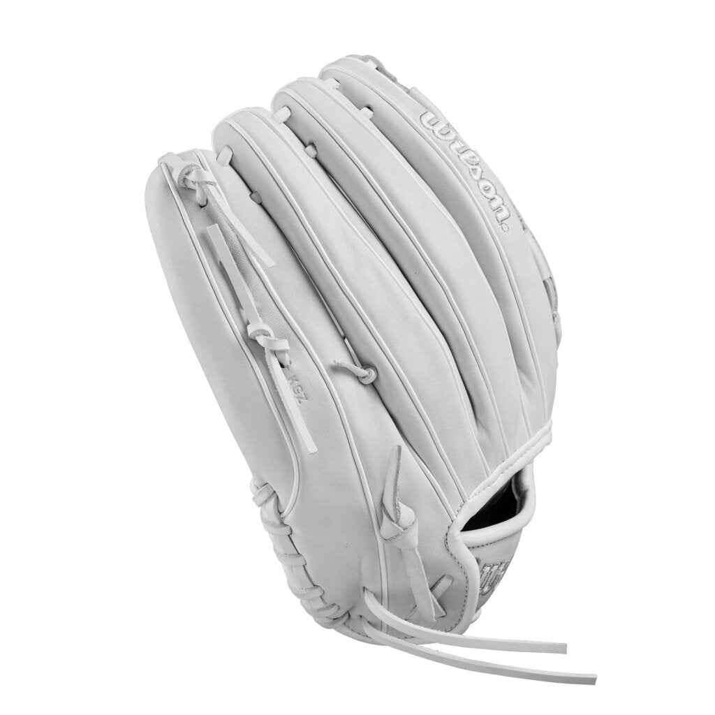 White fastpitch softball glove side profile with rolled finger padding and lacing