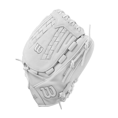 White fastpitch softball glove with Wilson logo, web lacing and finger stalls