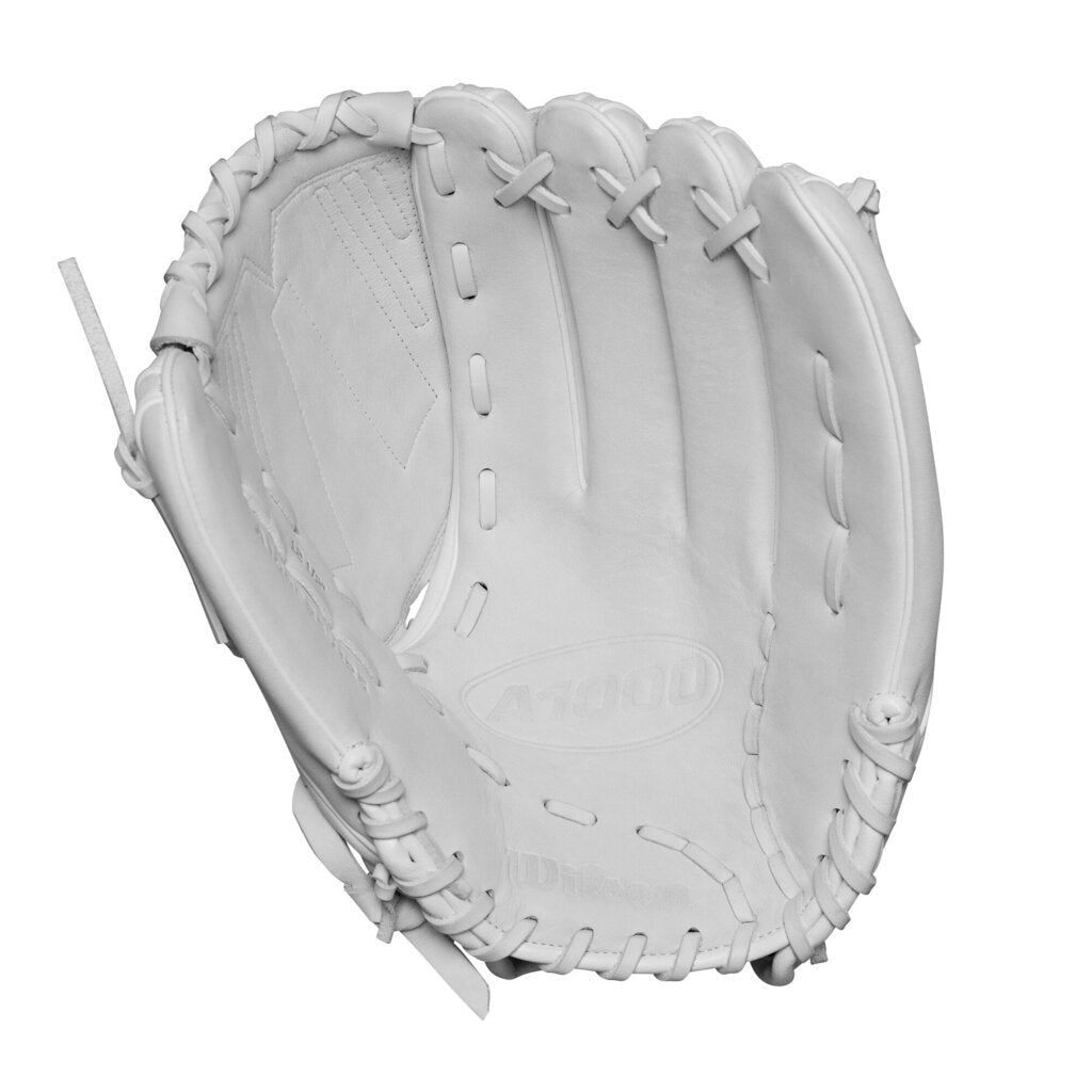 White fastpitch softball glove back view with finger stalls and vented paneling