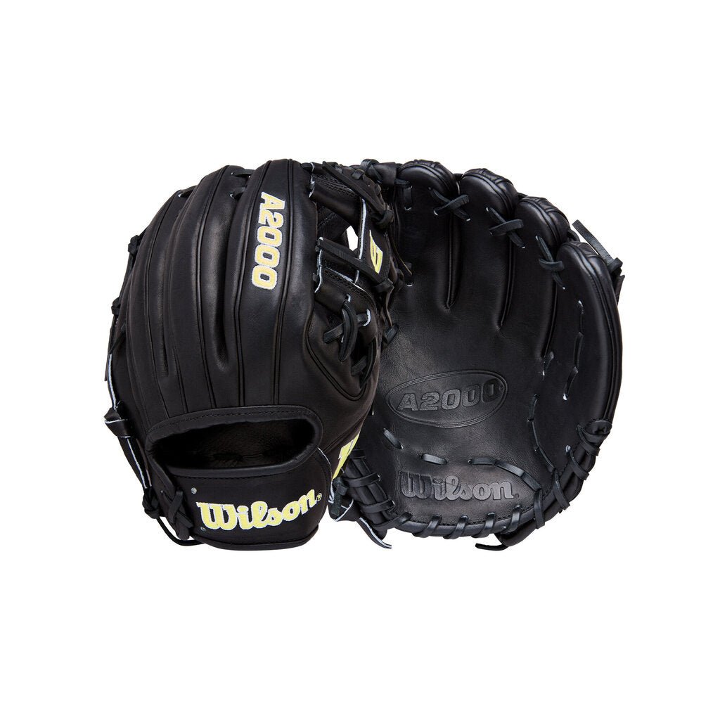 Black Wilson baseball glove with yellow Wilson logo and 4200 dirt-style stamp details
