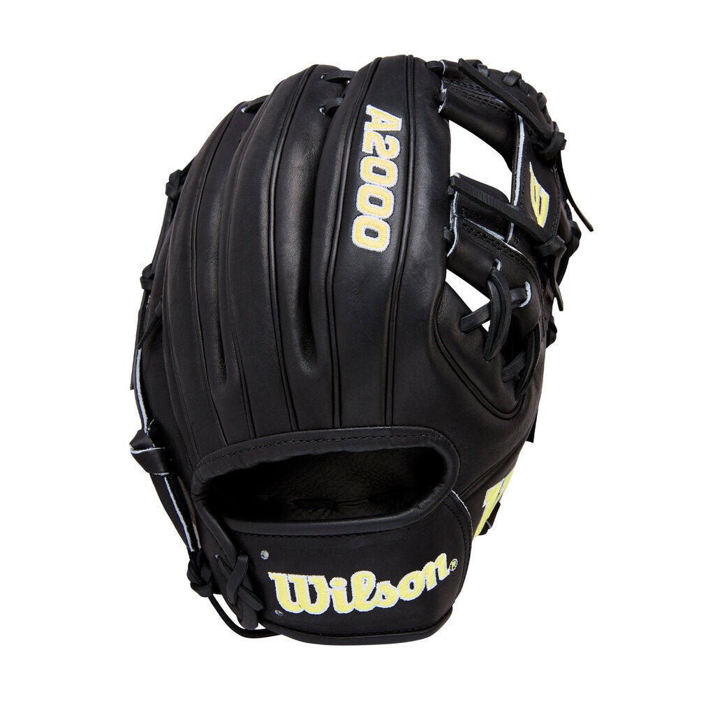 Black Wilson baseball glove with vertical 4200 label and yellow Wilson branding