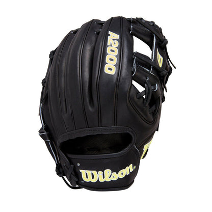 Black Wilson baseball glove with vertical 4200 label and yellow Wilson branding