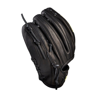 Black baseball glove shown from the back, with layered lacing and thumb loop