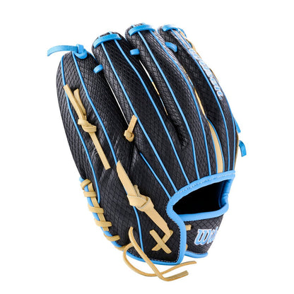 Fastpitch softball glove with black leather stripes, blonde padding, and blue binding