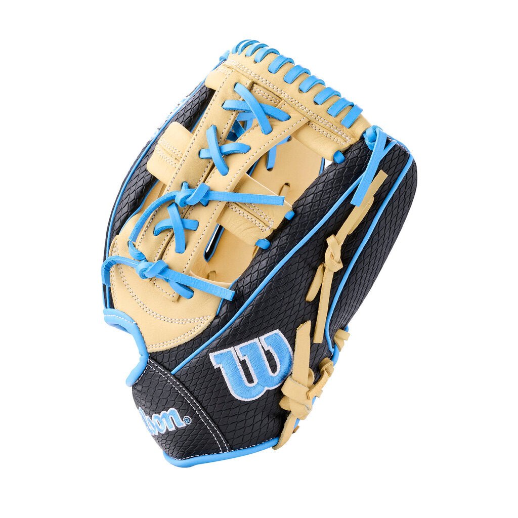 Fastpitch softball glove in blonde and black leather with blue lacing and logo panel