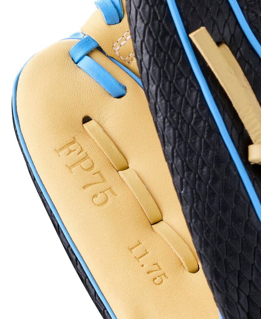 Softball glove palm close-up in blonde leather with stamped A1000 detail and seams