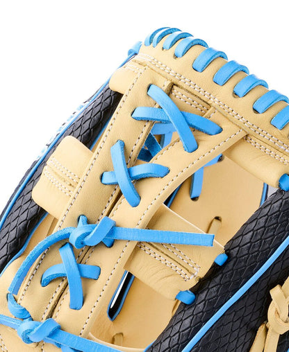 Softball glove top view with blonde leather panels, black texture, and blue finger laces