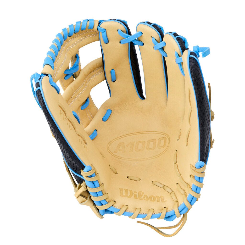 Fastpitch softball glove with blonde palm, black accents, and blue web and lace trim