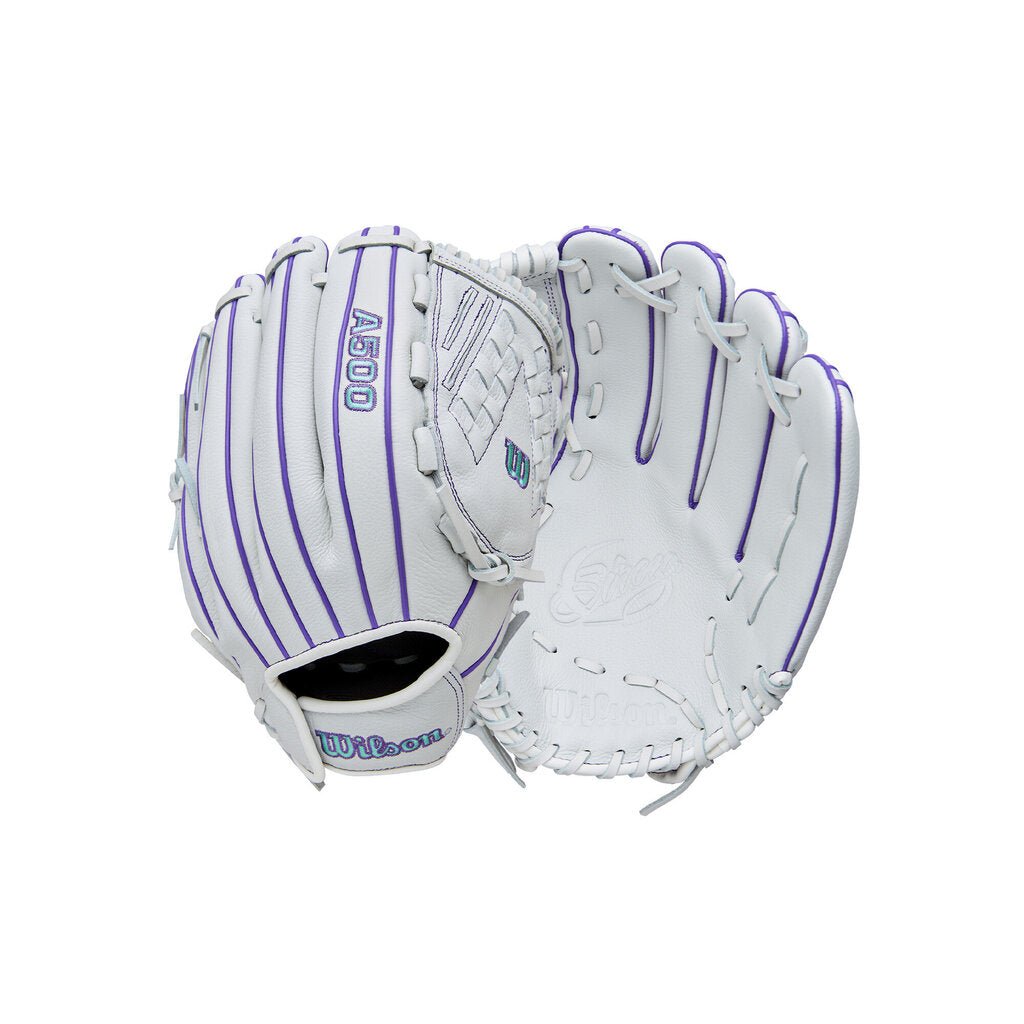 White and purple Wilson fastpitch softball glove with laces and pocket opening