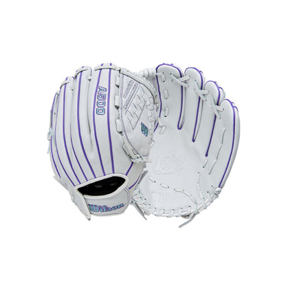White and purple Wilson fastpitch softball glove with laces and pocket opening