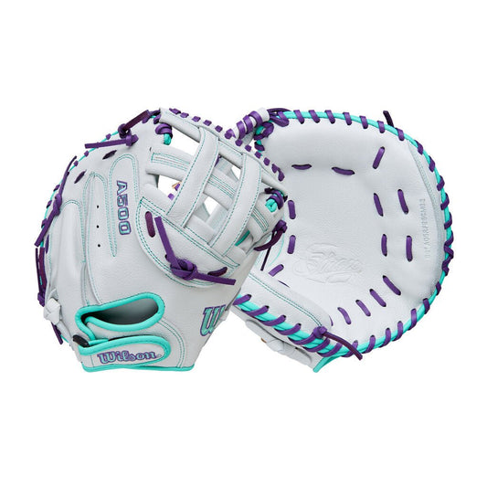 Youth fastpitch catcher mitt, white with purple and teal web and lacing.