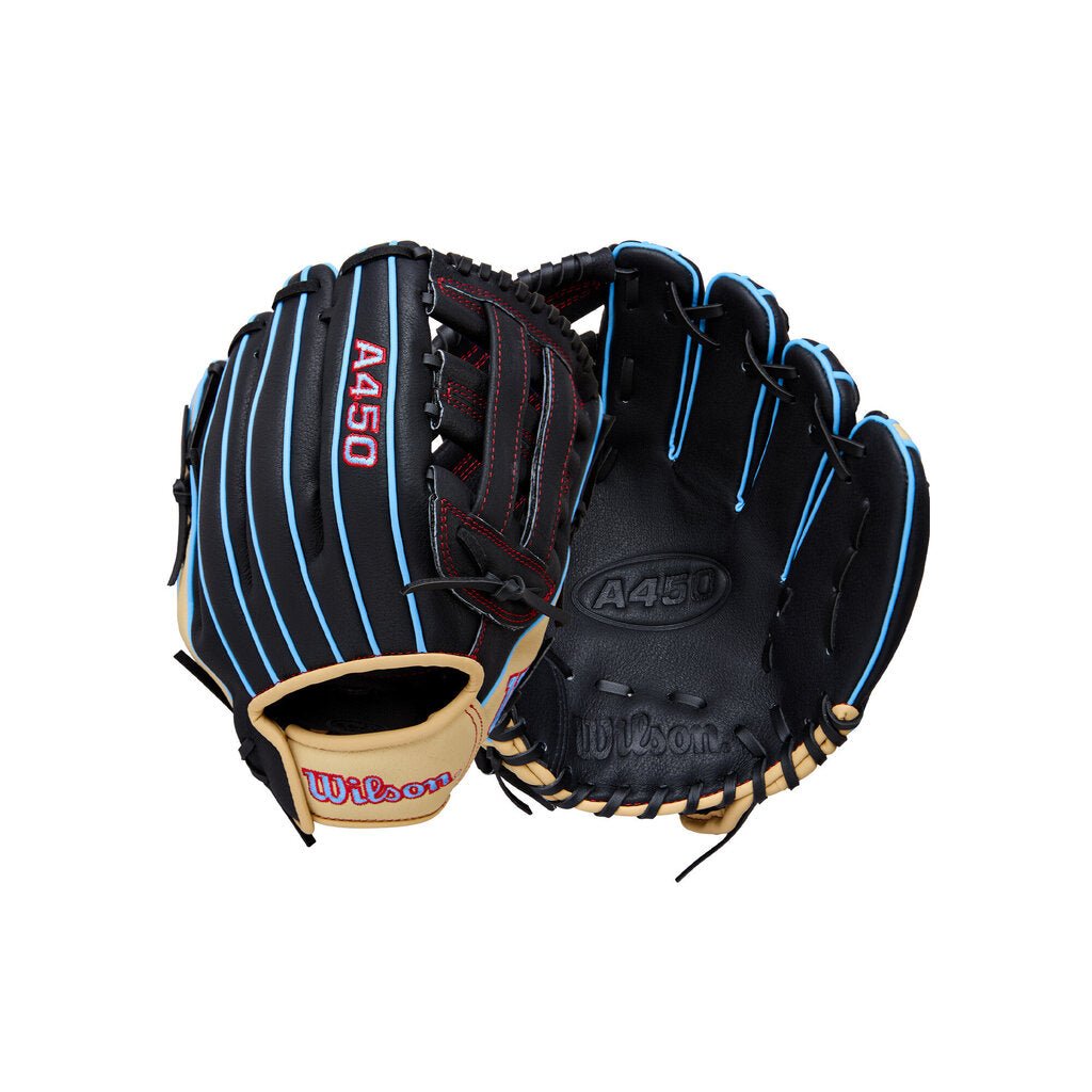 2026 Wilson A450 11" Youth Baseball Glove (RHT/LHT) - 11" LHT Black Blue Blonde New - 2nd String Sports