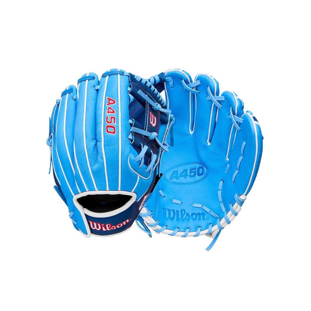 2026 Wilson A450 11.5" Youth Baseball Glove (RHT/LHT) - 11.5" LHT Blue White New - 2nd String Sports