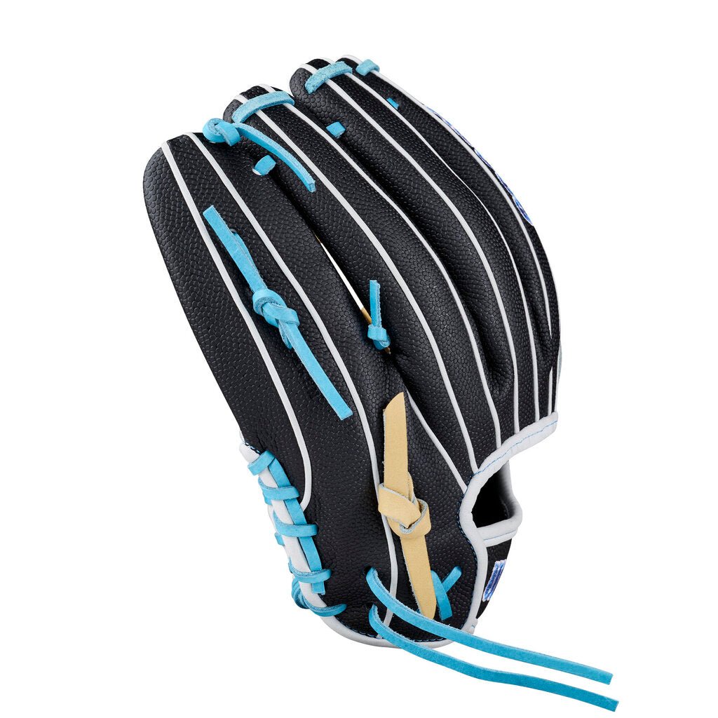 Fastpitch infield softball glove angled side view showing black web and tan finger accents.