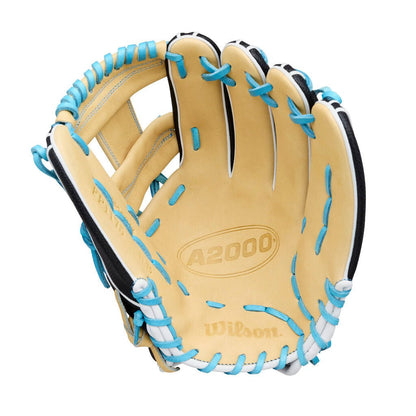 Fastpitch infield softball glove palm view in tan leather with blue lacing and A2000 stamp.
