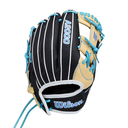 Fastpitch infield softball glove with black finger stalls, tan pocket, blue trim and laces.