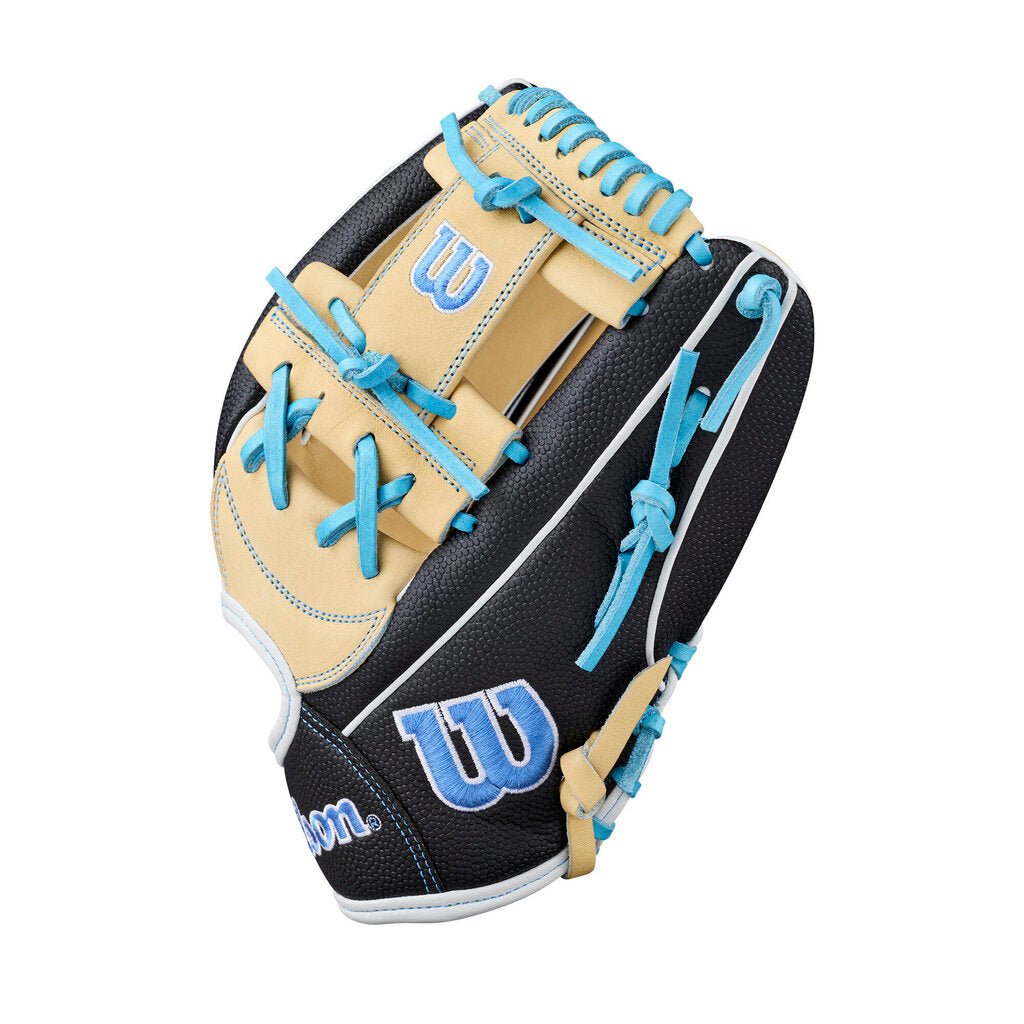 Fastpitch infield softball glove back view, tan and black with blue web and finger lacing.