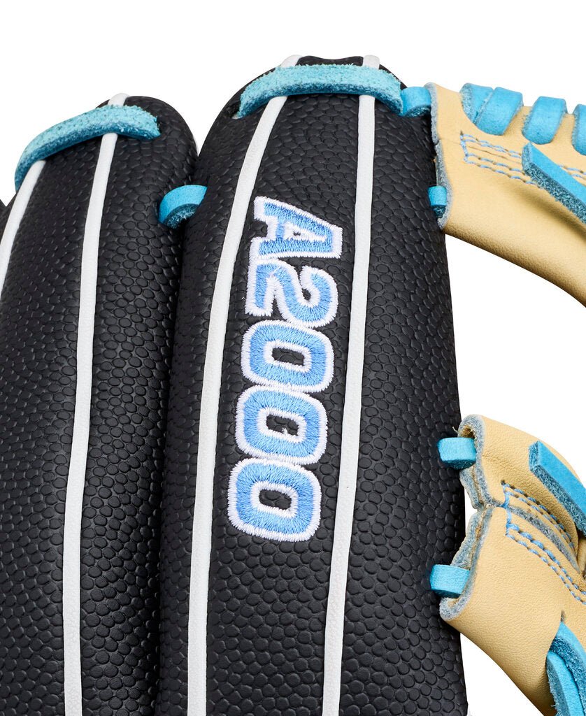 Fastpitch infield softball glove close-up of black finger area with blue 2027 label.