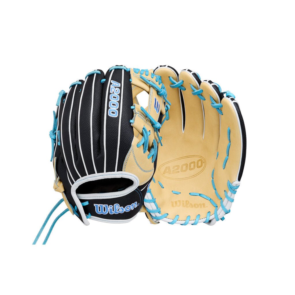 Fastpitch infield softball glove, tan and black leather with blue lacing, webbed pocket.