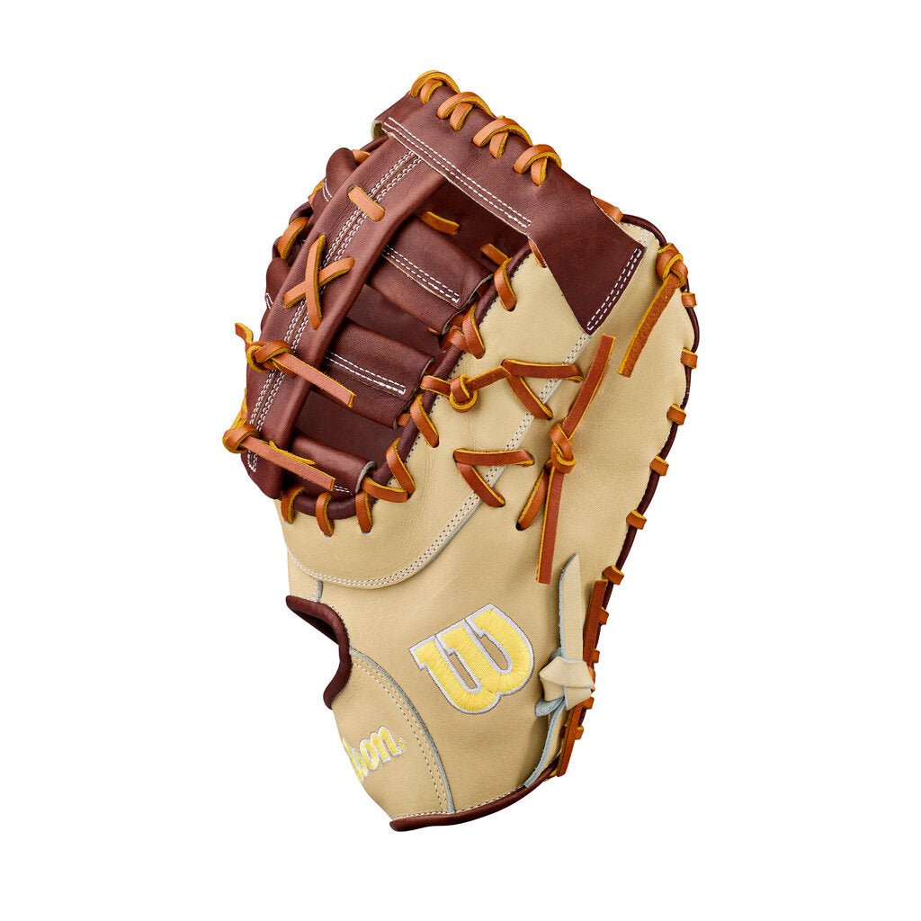 Baseball first base mitt with tan palm, dark brown web, and yellow lace-up straps