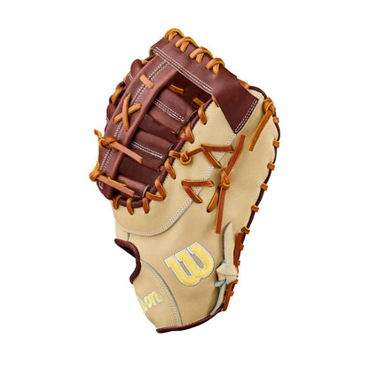 Baseball first base mitt with tan palm, dark brown web, and yellow lace-up straps