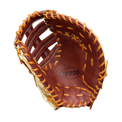 Baseball first base mitt, dark brown pocket, tan panels, yellow laces, A2000 mark