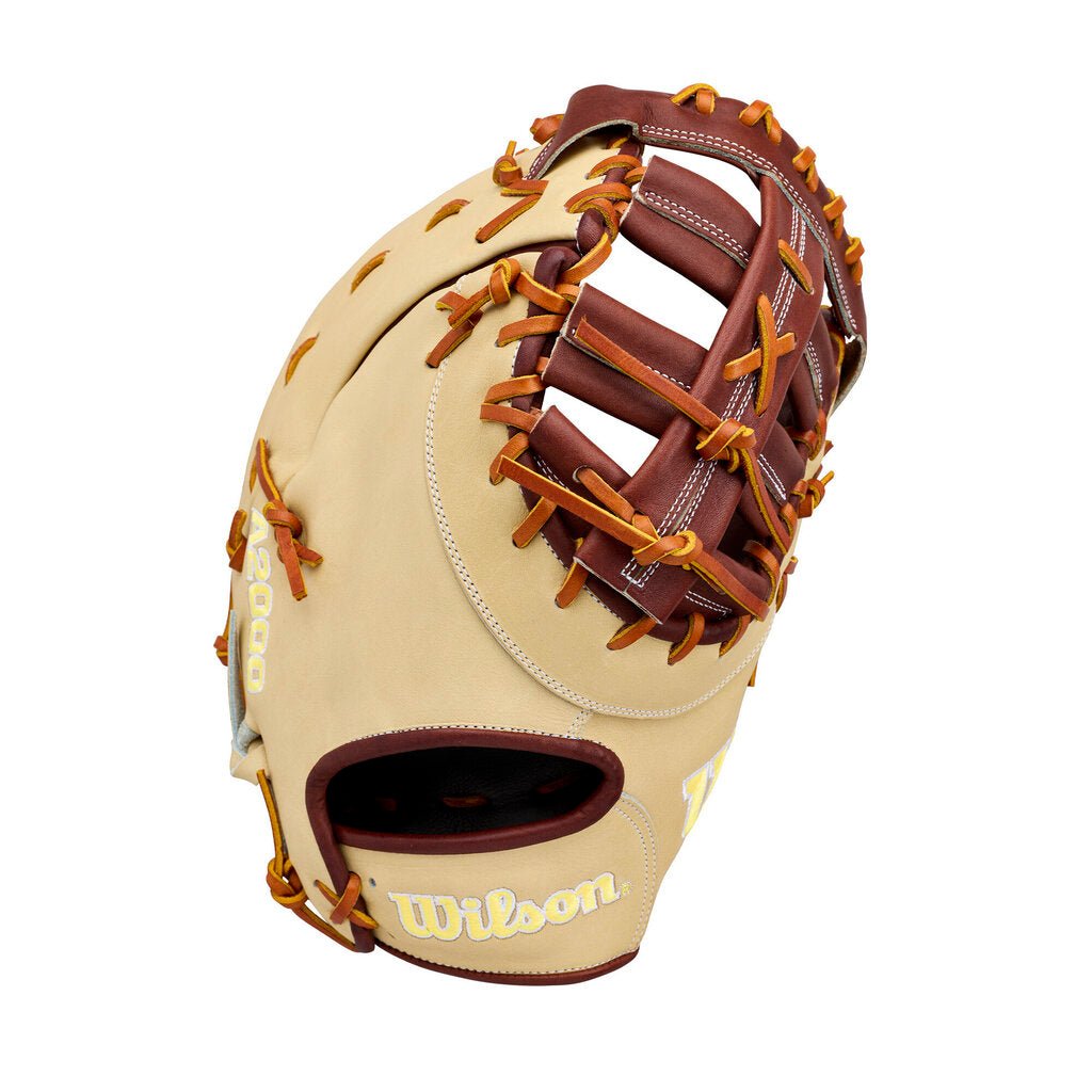 Baseball first base mitt in tan leather with dark brown pocket and Wilson logo