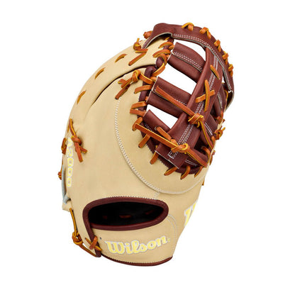 Baseball first base mitt in tan leather with dark brown pocket and Wilson logo