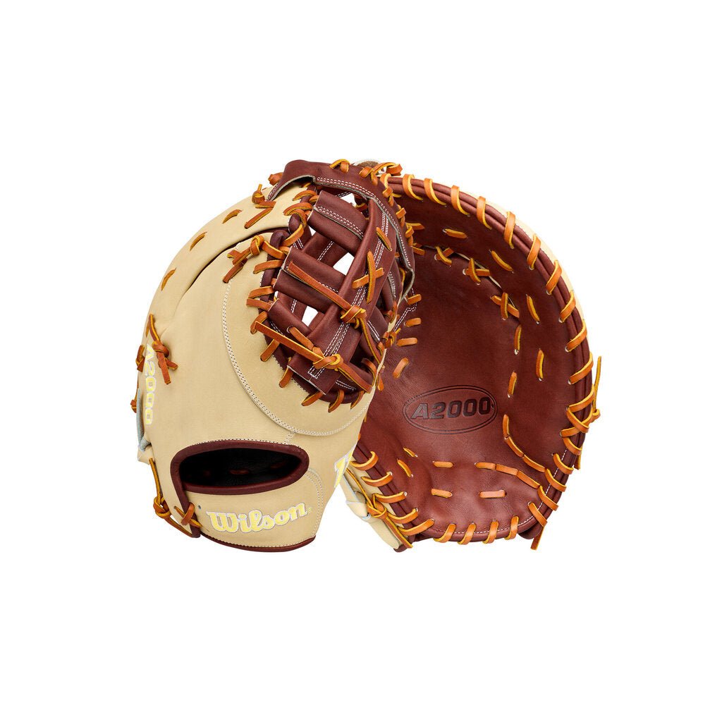 Baseball first base mitt, tan and dark brown leather with yellow laces, A2000 branding