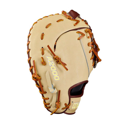 Baseball first base mitt, tan back panel with dark brown edges and yellow-stitch laces