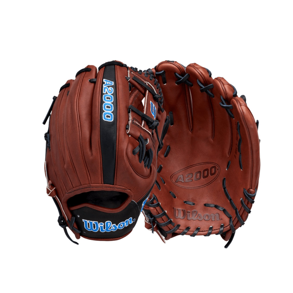 Reddish-brown infield baseball glove with black laces and blue Wilson A2000 branding