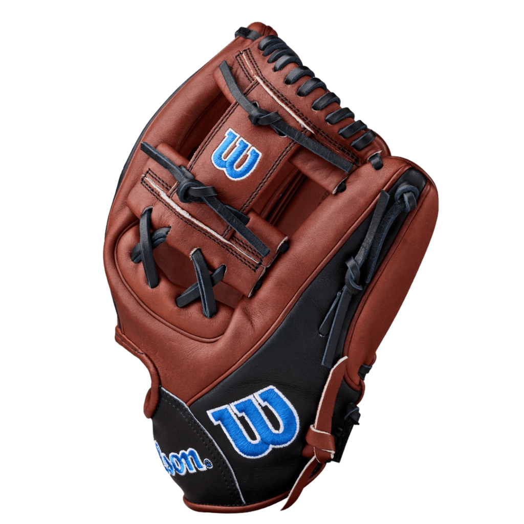 Reddish-brown baseball glove with black wrist padding and blue Wilson W patch on back