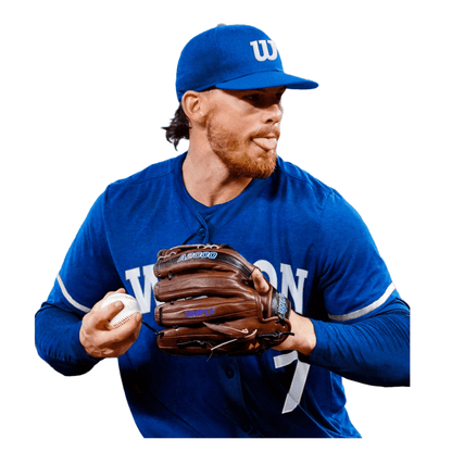 Reddish-brown baseball glove held in hands, with blue Wilson A2000 branding