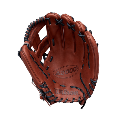 Reddish-brown baseball glove with black web and A2000 oval patch plus Wilson logo