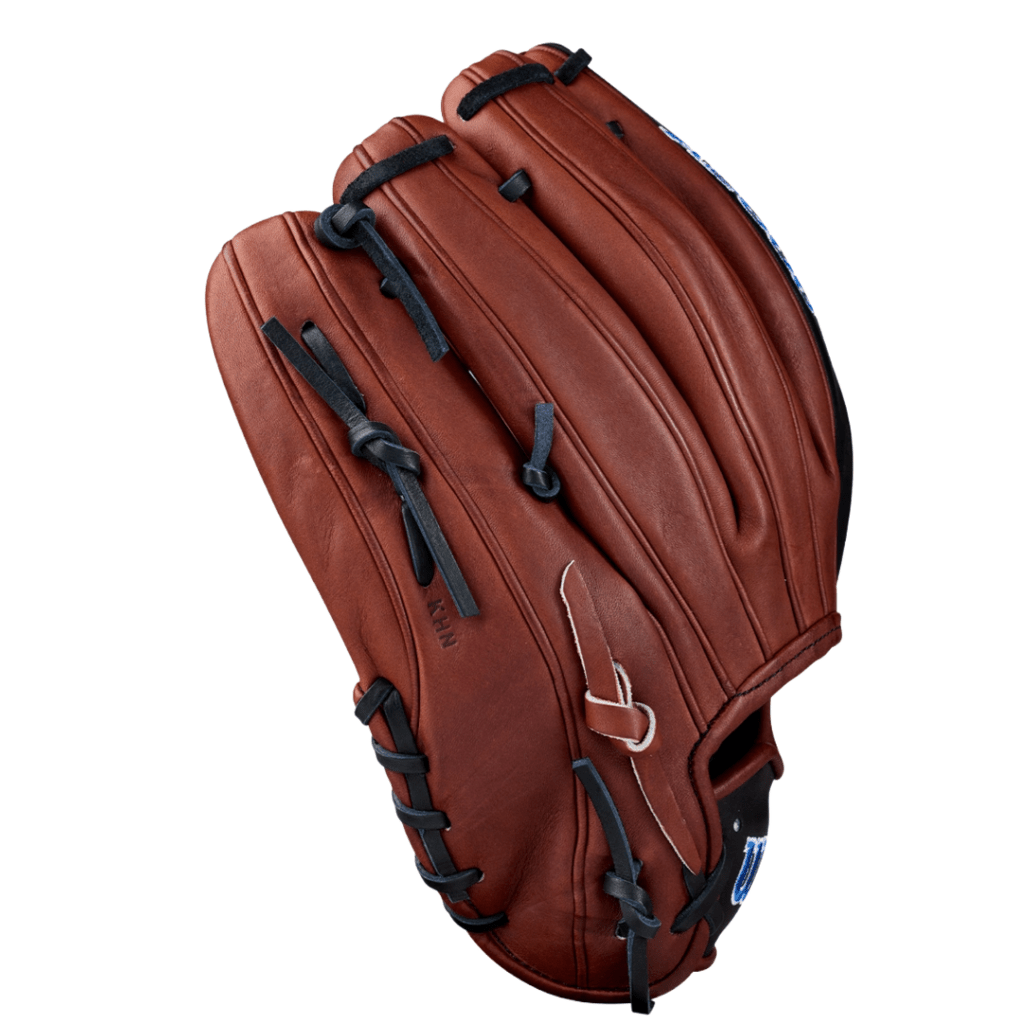 Reddish-brown baseball glove with multiple black fingers straps and stitched panels