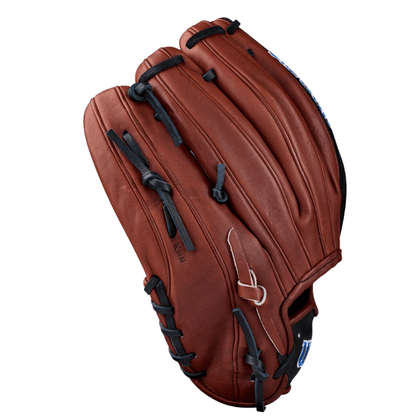 Reddish-brown baseball glove with multiple black fingers straps and stitched panels
