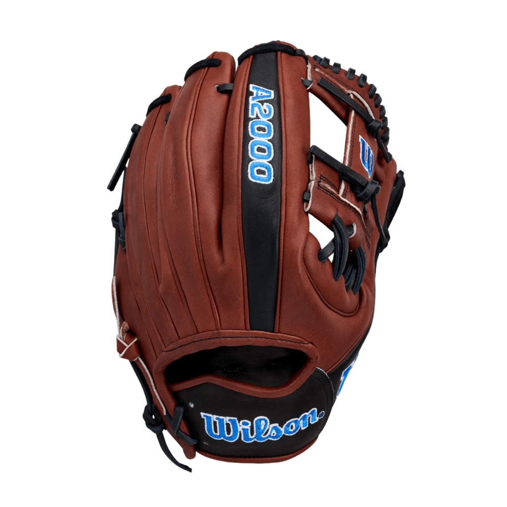 Reddish-brown baseball glove with black wrist strap and vertical blue 12000 label