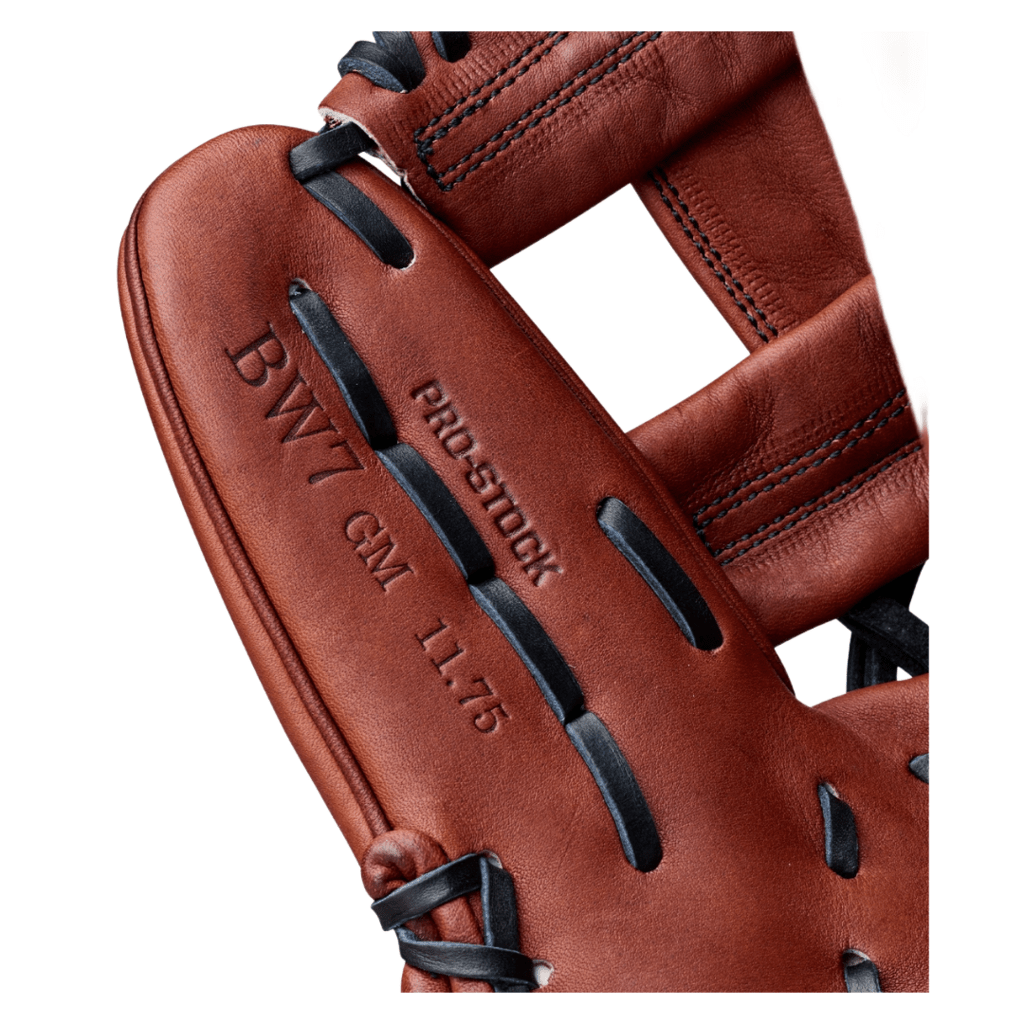 Close-up reddish-brown glove with embossed lettering and black leather lace accents