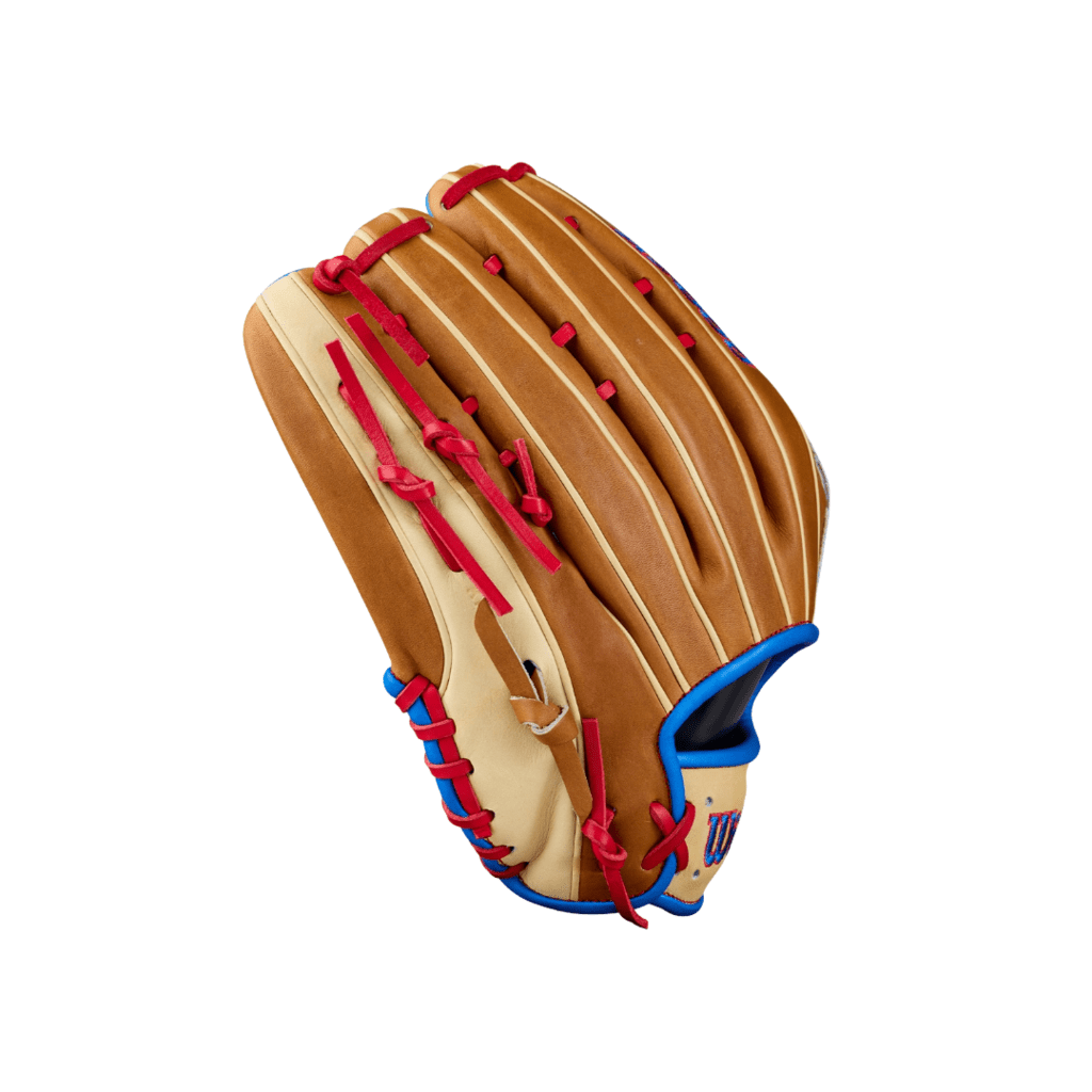 Tan baseball glove back view with red lacing and blue accent piping, finger stalls