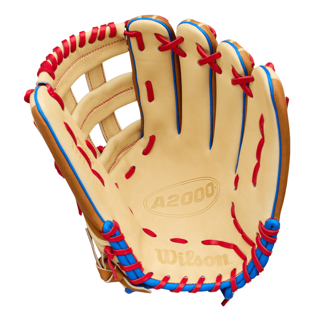 Tan outfield baseball glove facing front, red laces and blue web accents, Wilson A2000