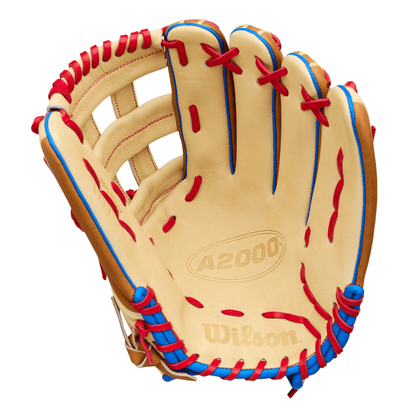 Tan outfield baseball glove facing front, red laces and blue web accents, Wilson A2000
