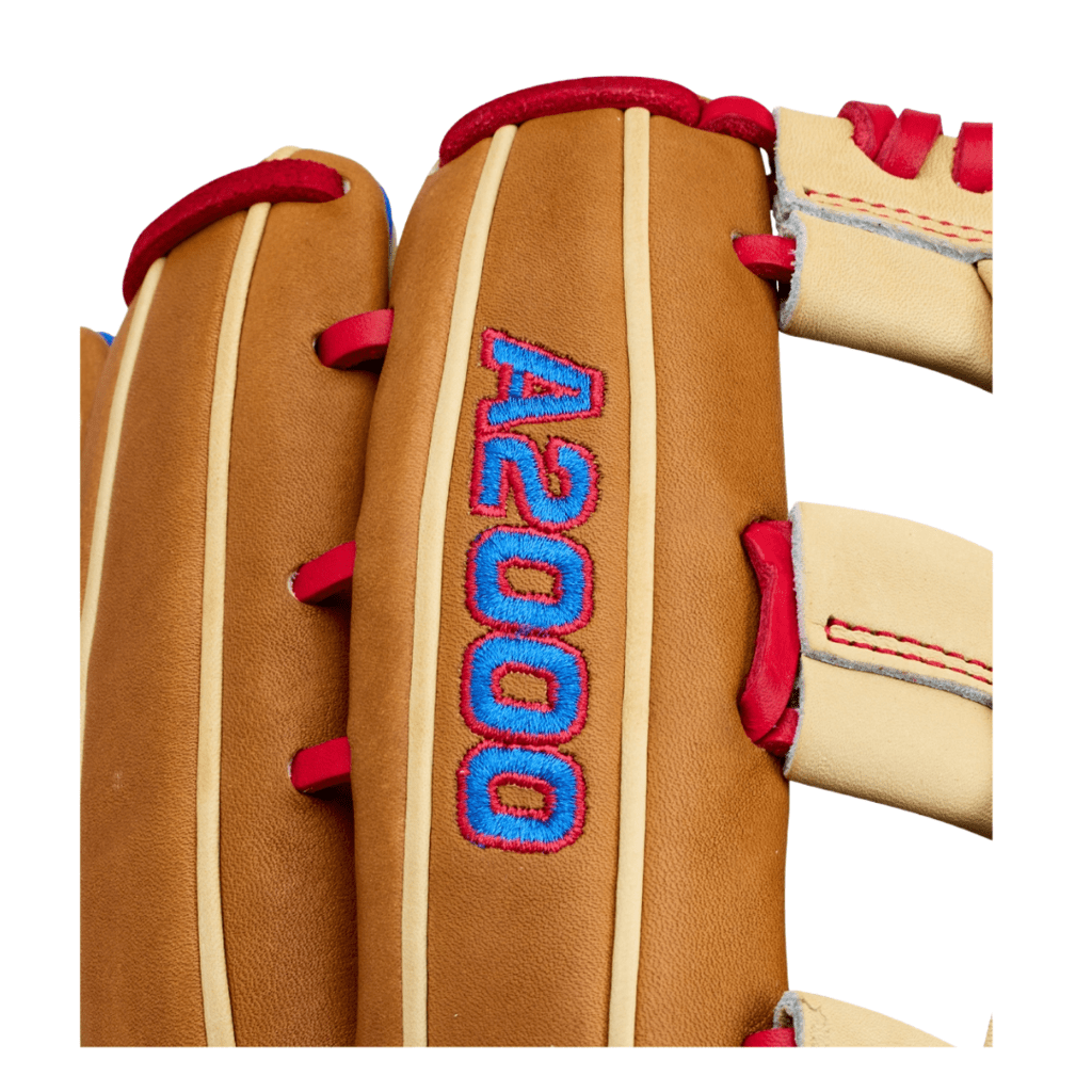 Tan glove close-up of red-and-blue embroidered 'A2000 1777' on center web