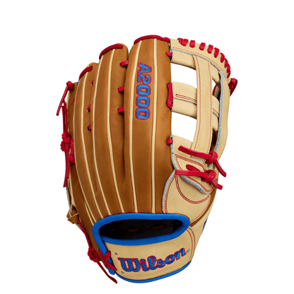 Tan outfield baseball glove open web with red laces and blue wrist pad, A2000