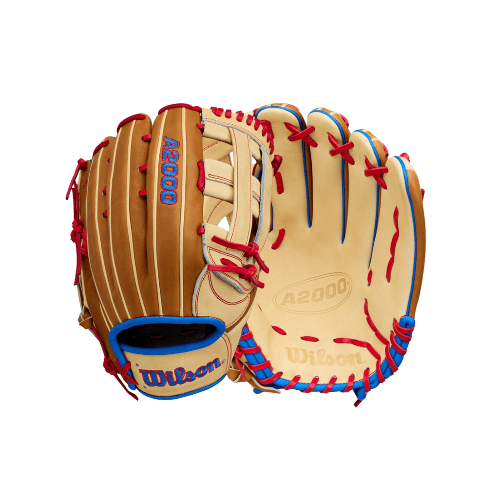 Tan outfield baseball glove with red lacing and blue trim, A2000 branding