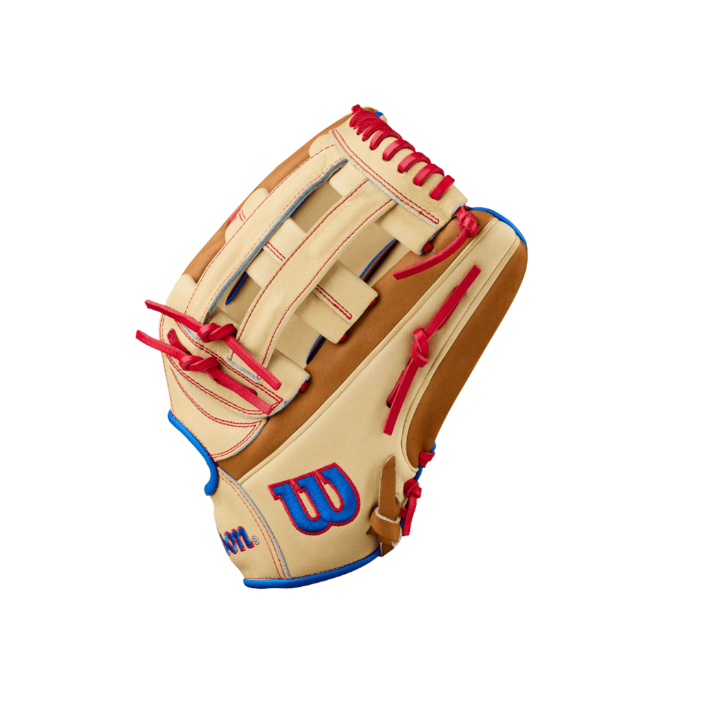 Tan baseball glove with red-and-blue web straps, double-bar panel and stitched laces