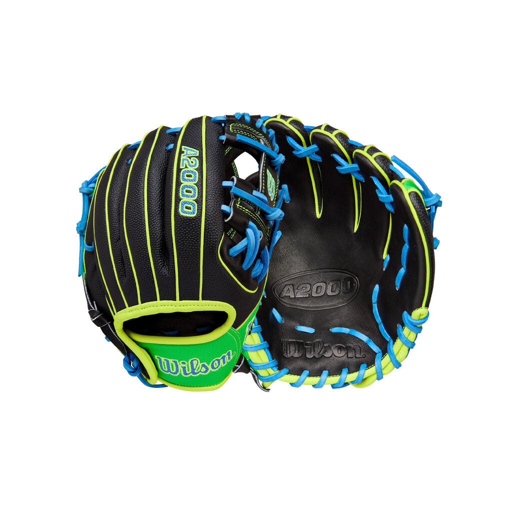 Baseball glove with black leather, blue laces, and neon green accents