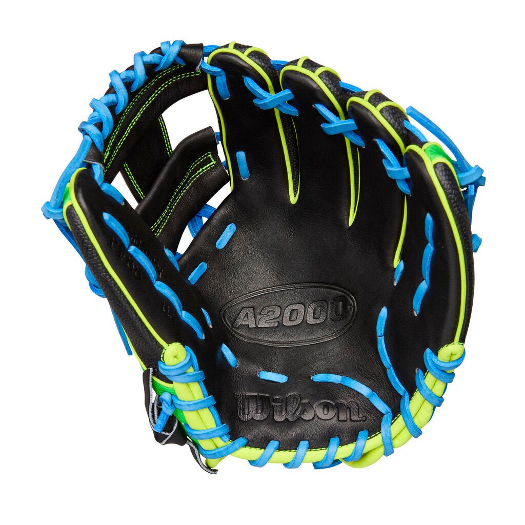 Baseball glove with black shell, blue webbing, and neon green trim