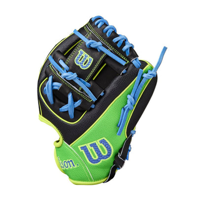 Baseball glove with black, blue, and neon green paneling and webbing