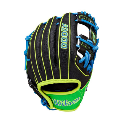 Baseball glove with black leather, blue ties, and neon green pocket lining